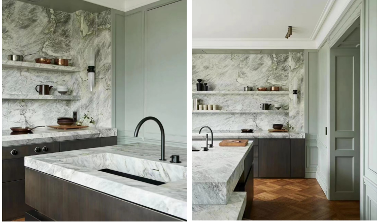 Natural Marble Design For Kitchen Countertops With Marble Shelves