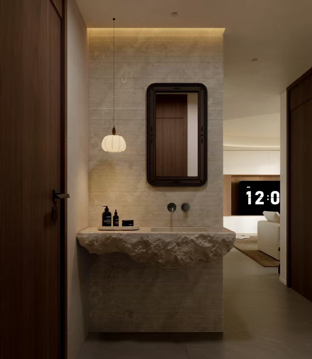 Coordinated Luxury – Limestone Pedestal Sink with Matching Wall Tiles