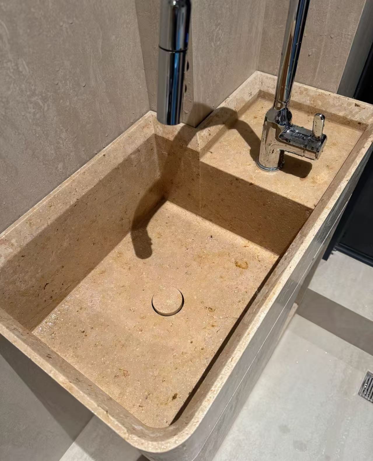 Limestone Sink Vanity with Built-In Stone Storage