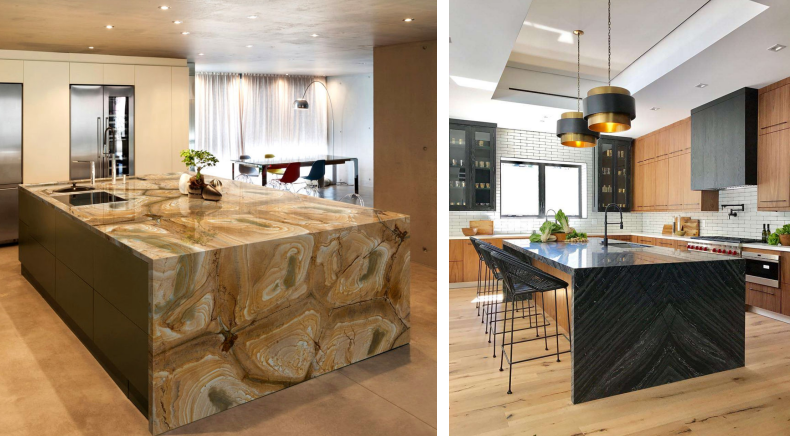 Roma Blue Quartzite VS Ancient Wood Marble Waterfall 