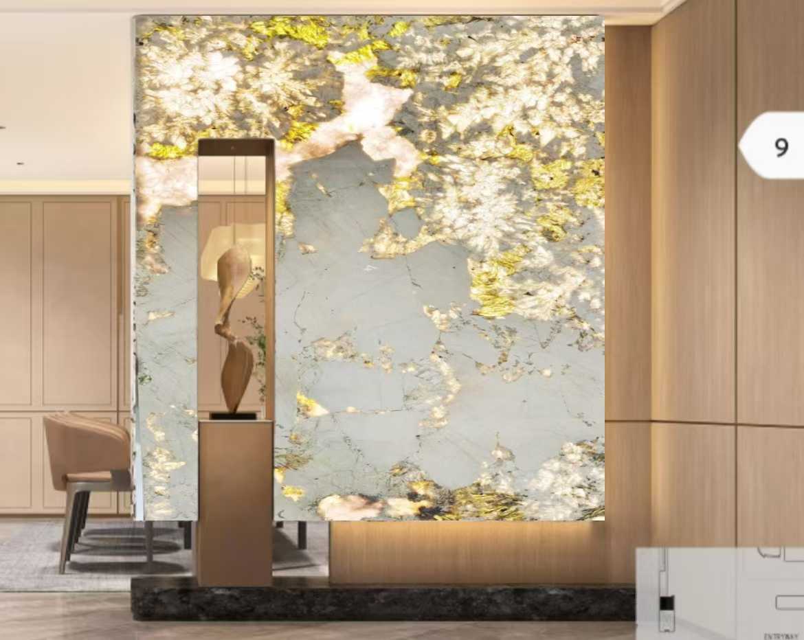 Alpine White Granite Fireplace Wall backligt living