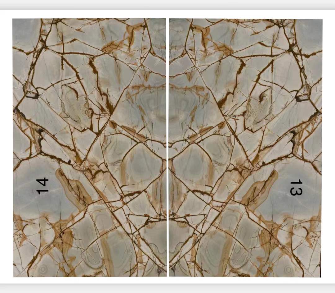 Blue Roma Quartzite slabs bookmatched wall