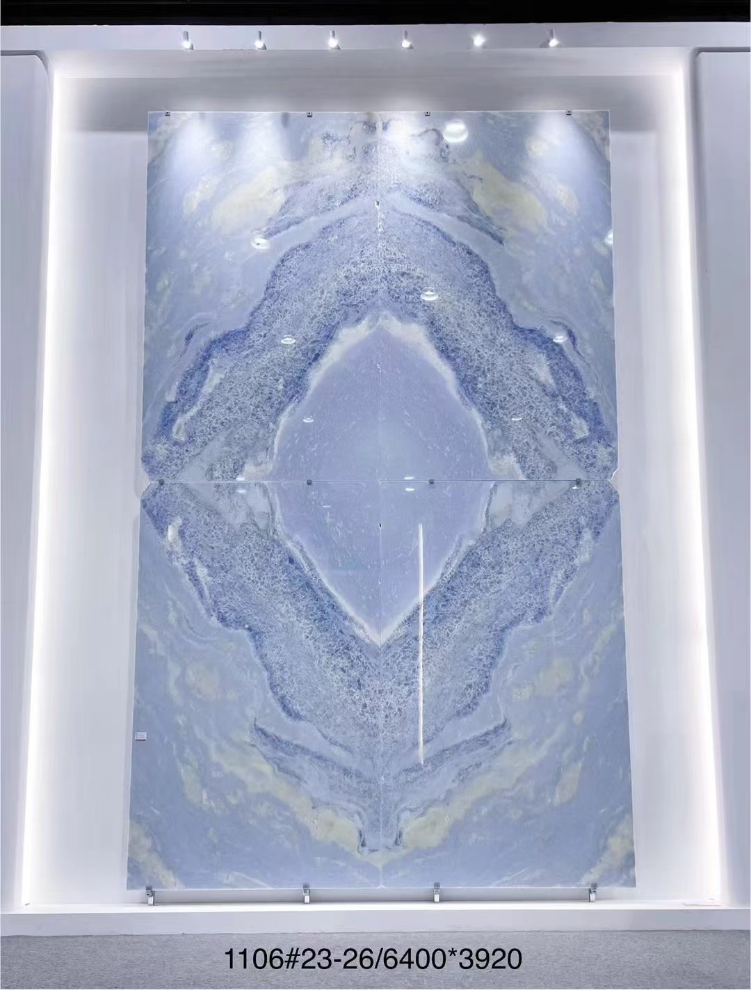 Calcite Azul Quartzite bookmatched slabs