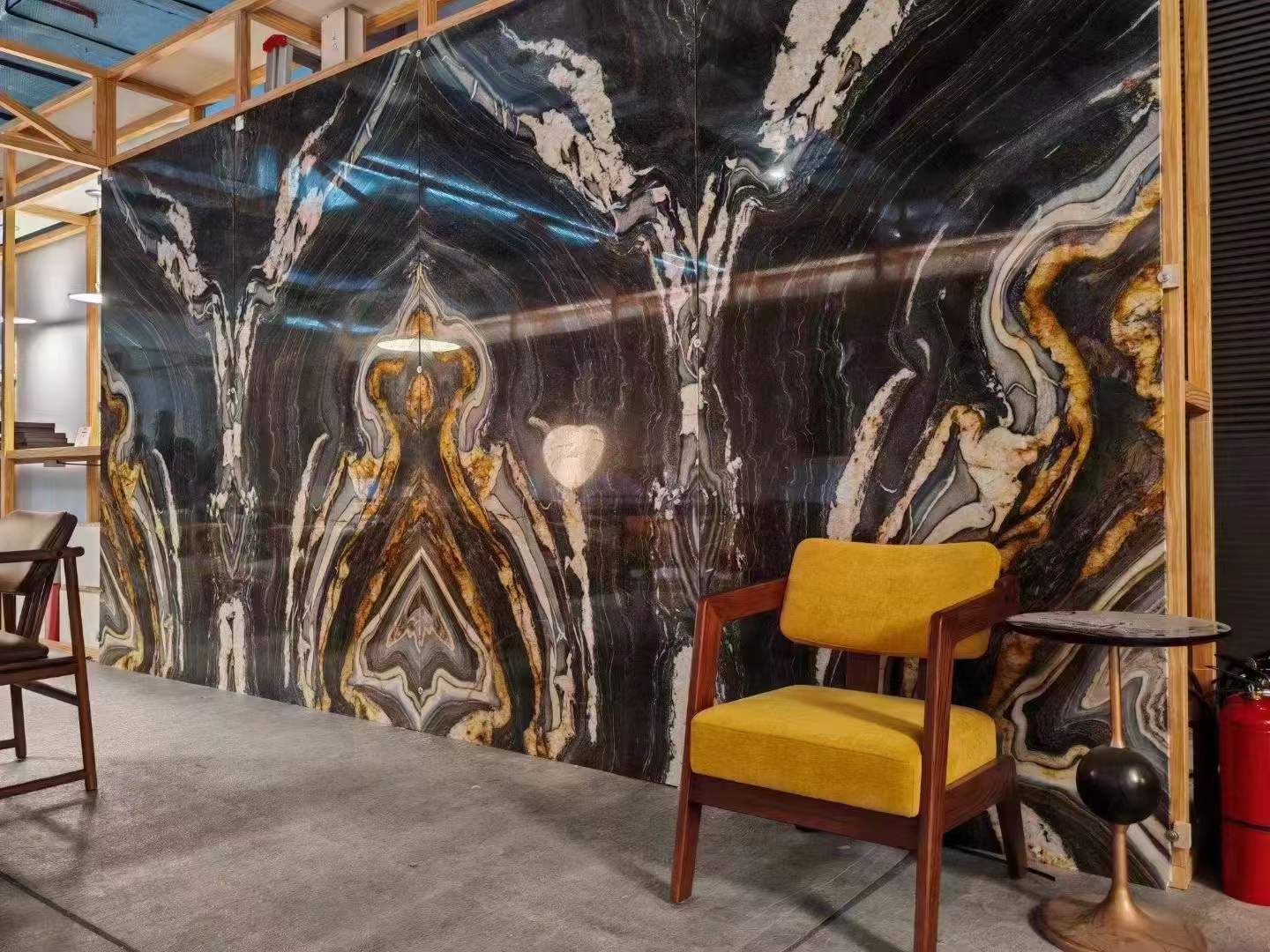 Namco Quartzite bookmatched slabs walls