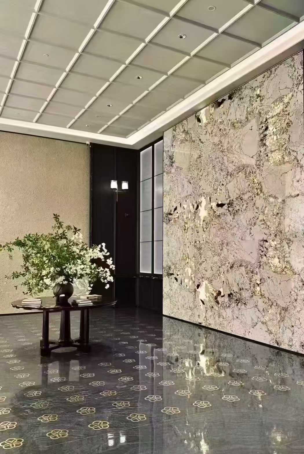alpine white granite backlit wall living room