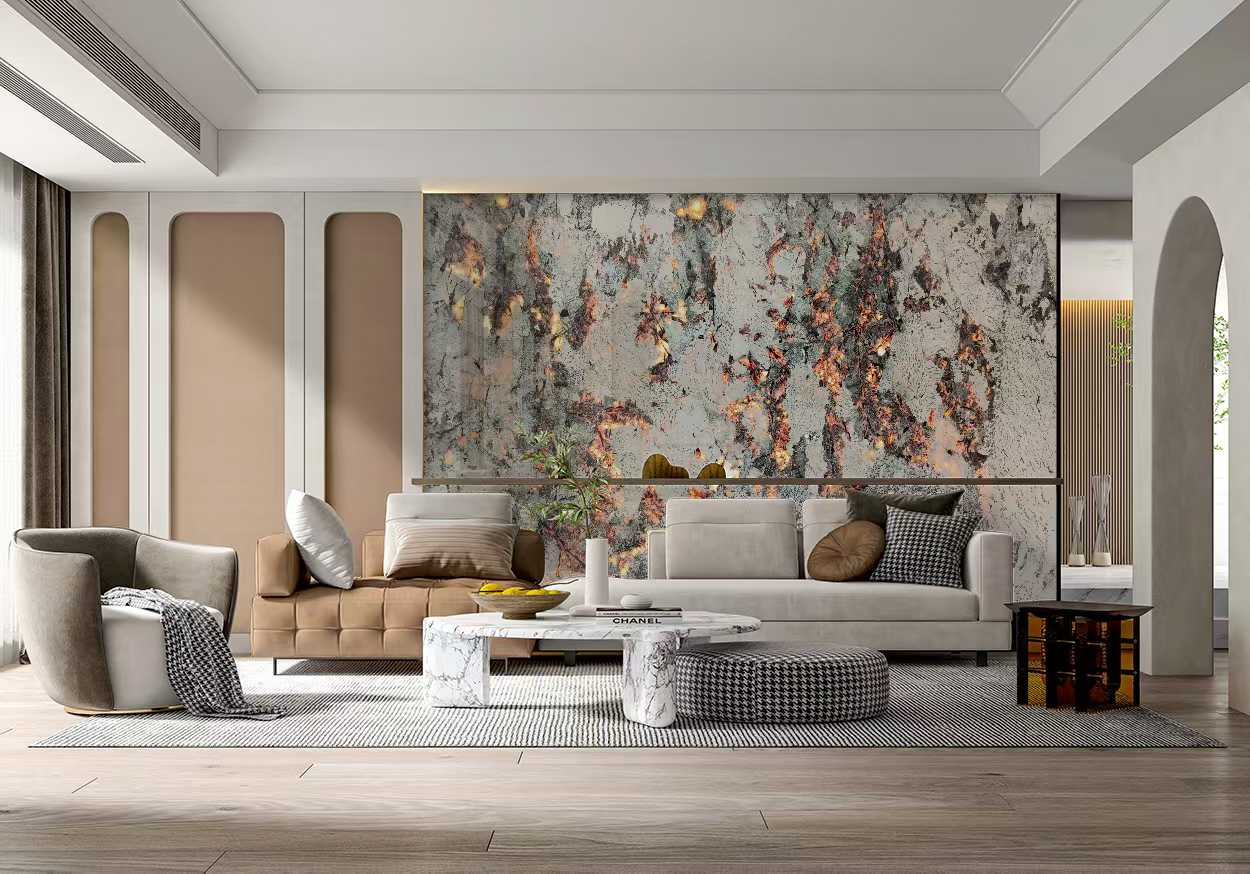 alpinus white granite slab baclit TV wall