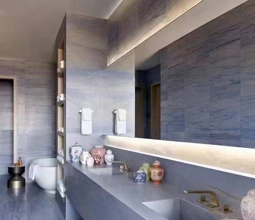 azul boquira quartzite bathroom wall and vanity