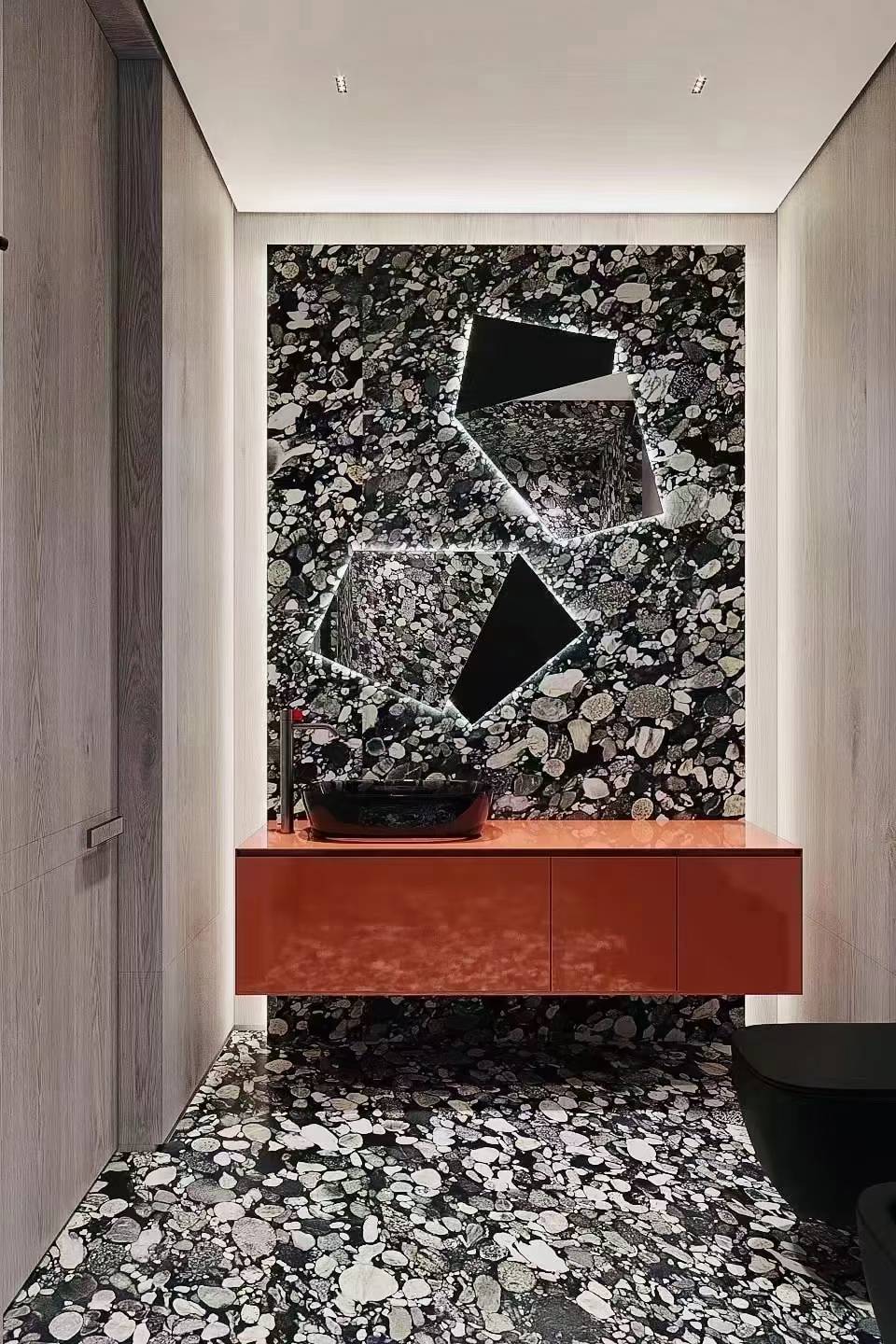 black marinace granite bathrom walls