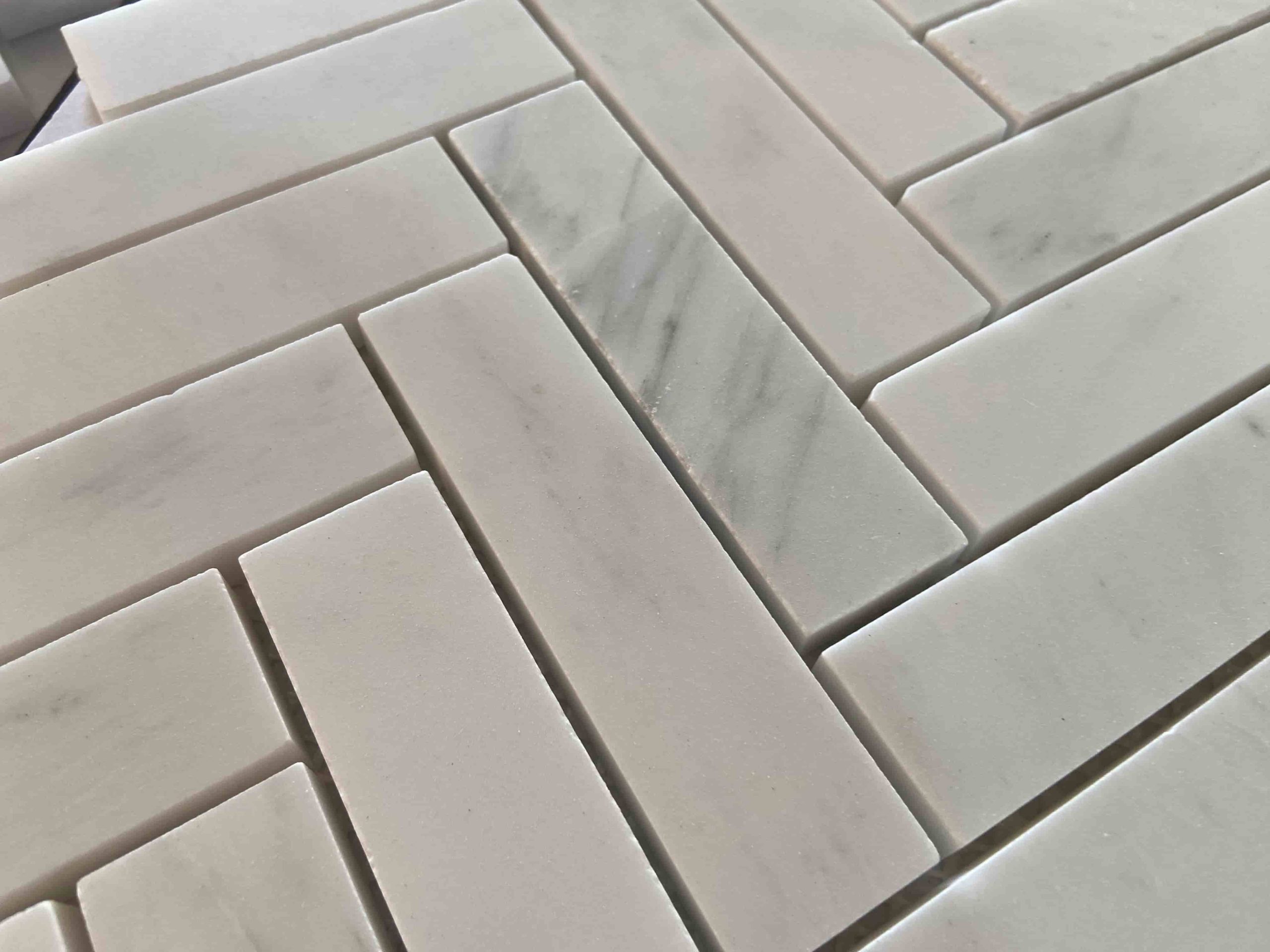 White Carrara Herringbone Mosaic Tiles