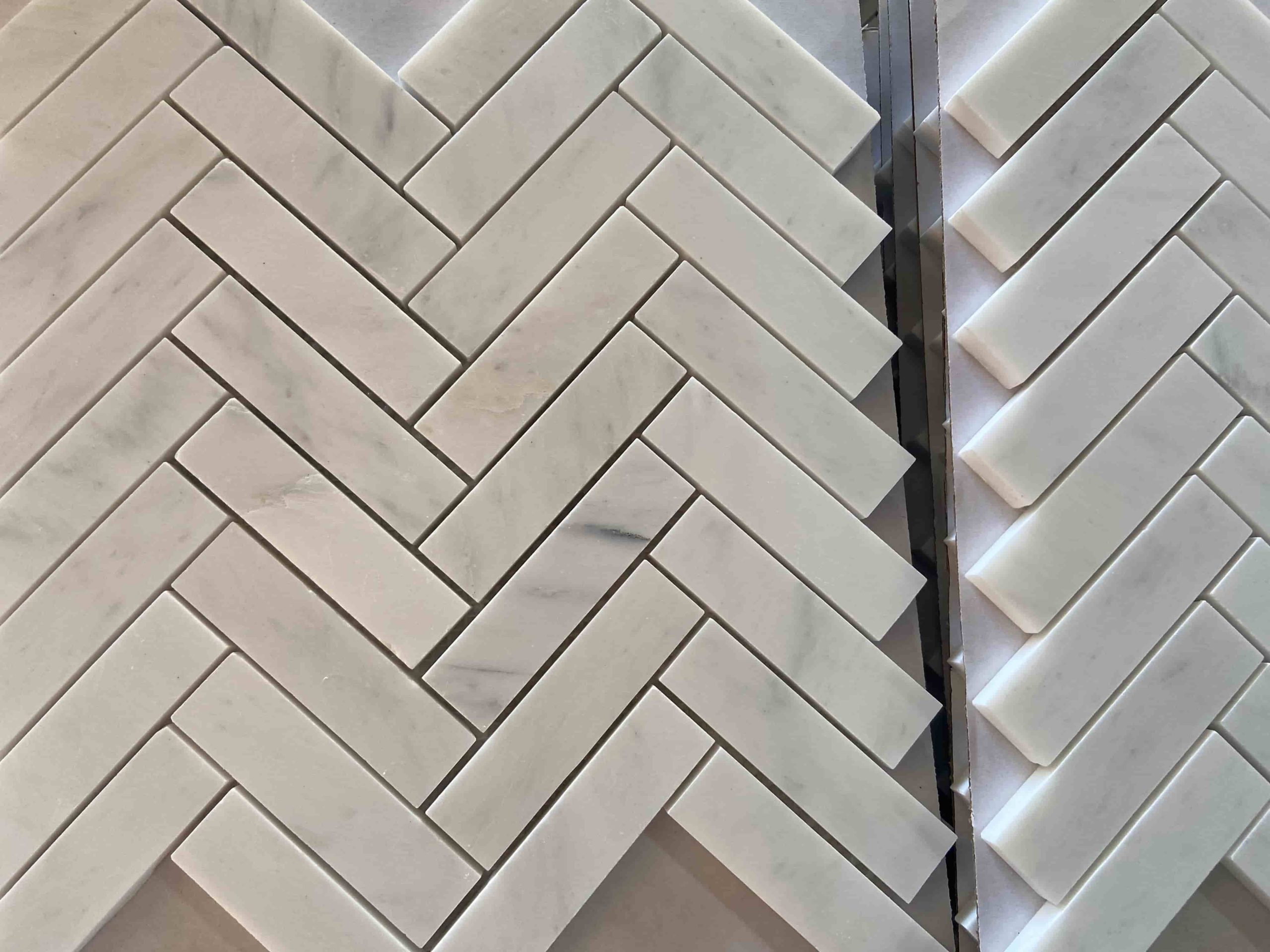 White Carrara Herringbone Mosaic Tiles
