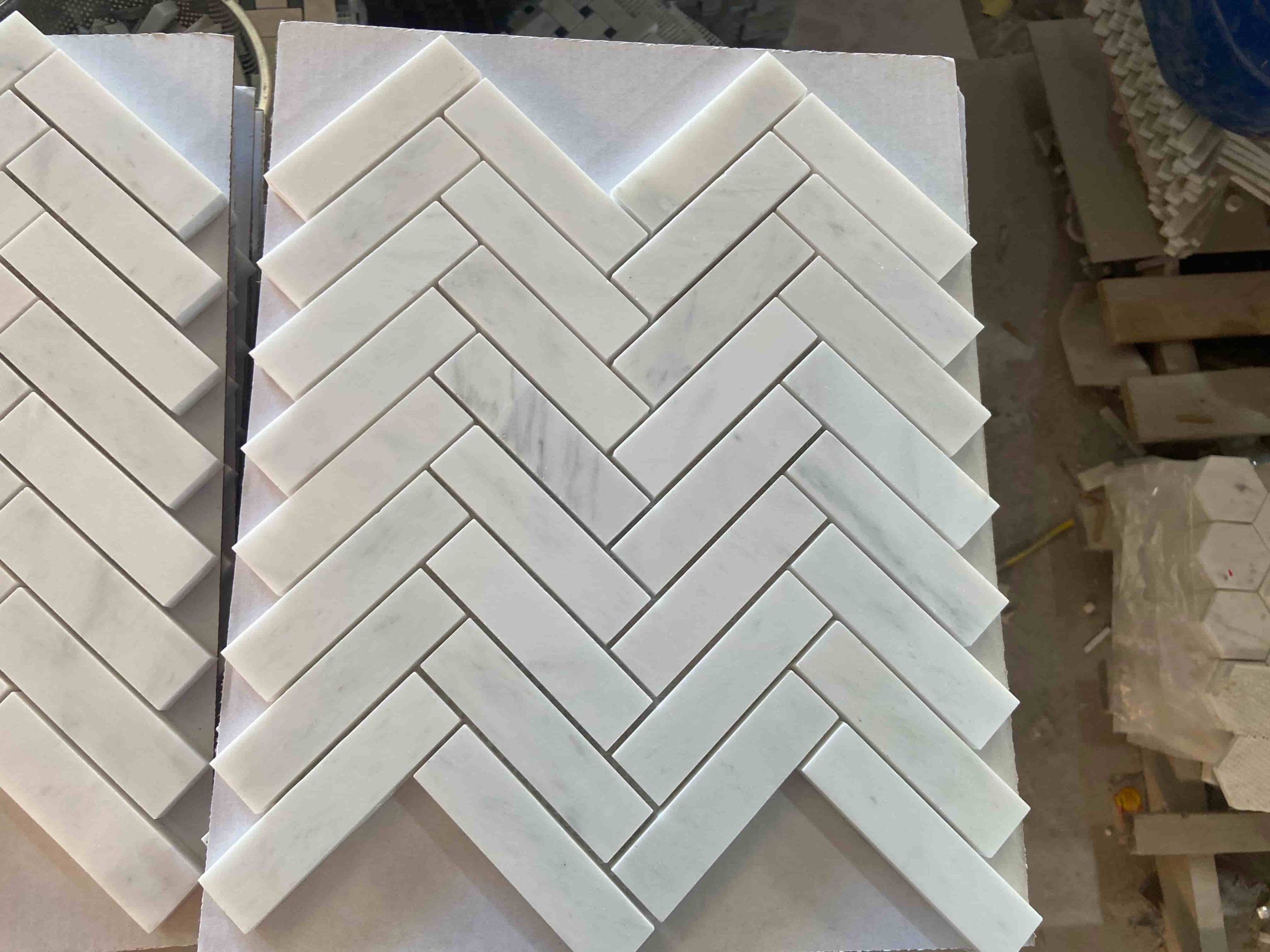 White Carrara Herringbone Mosaic Tiles