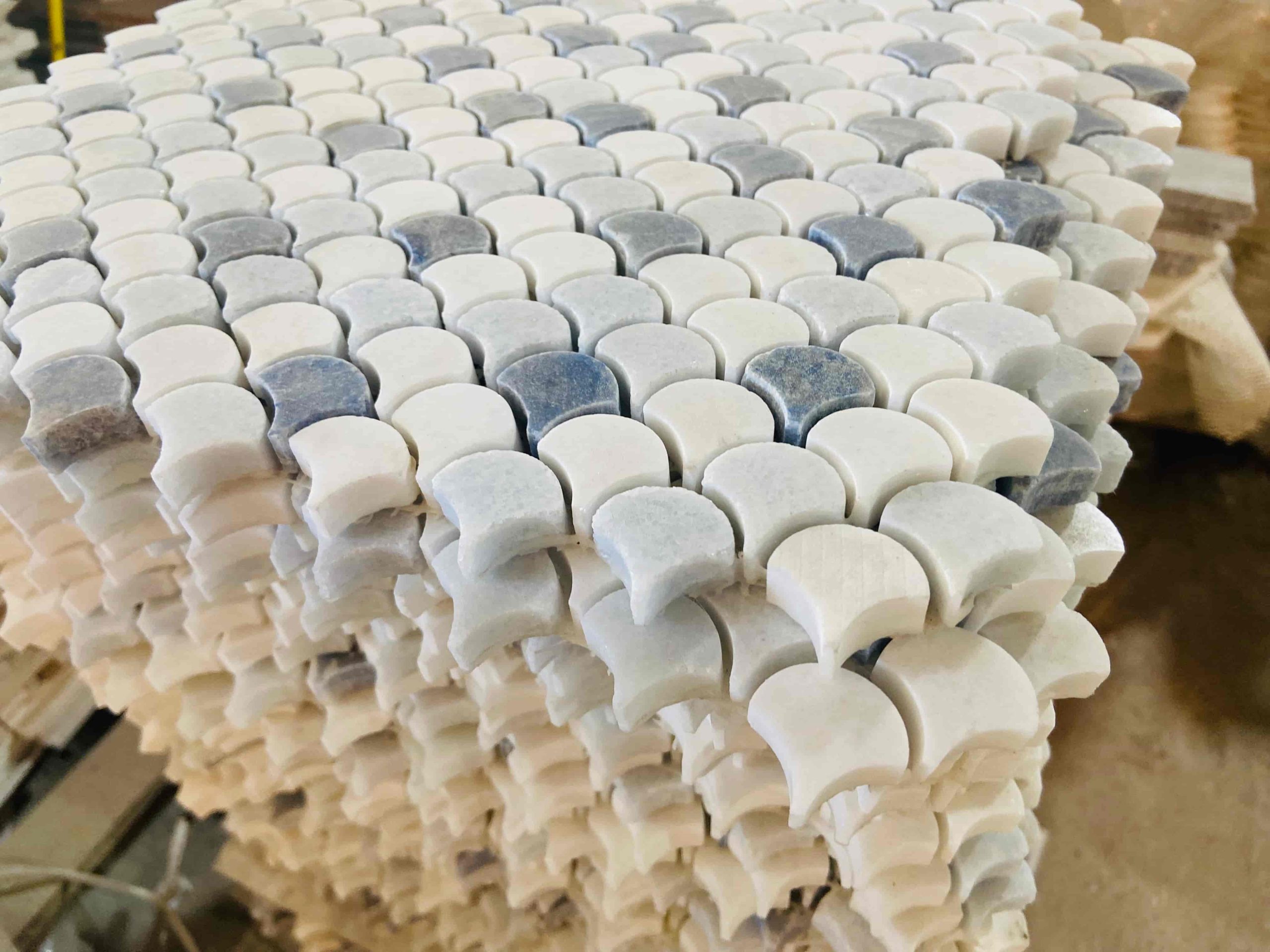 Azul Macaubas Thassos Marble Fish Scale Mosaic