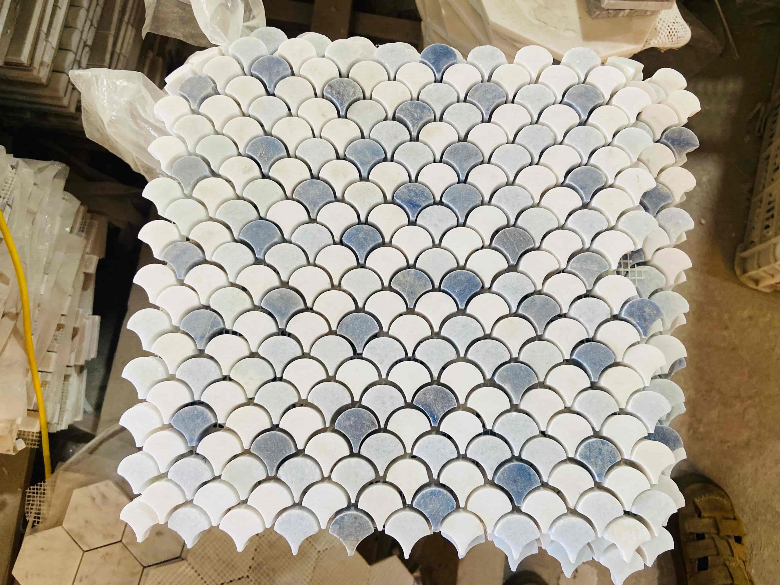 Azul Macaubas Thassos Marble Fish Scale Mosaic