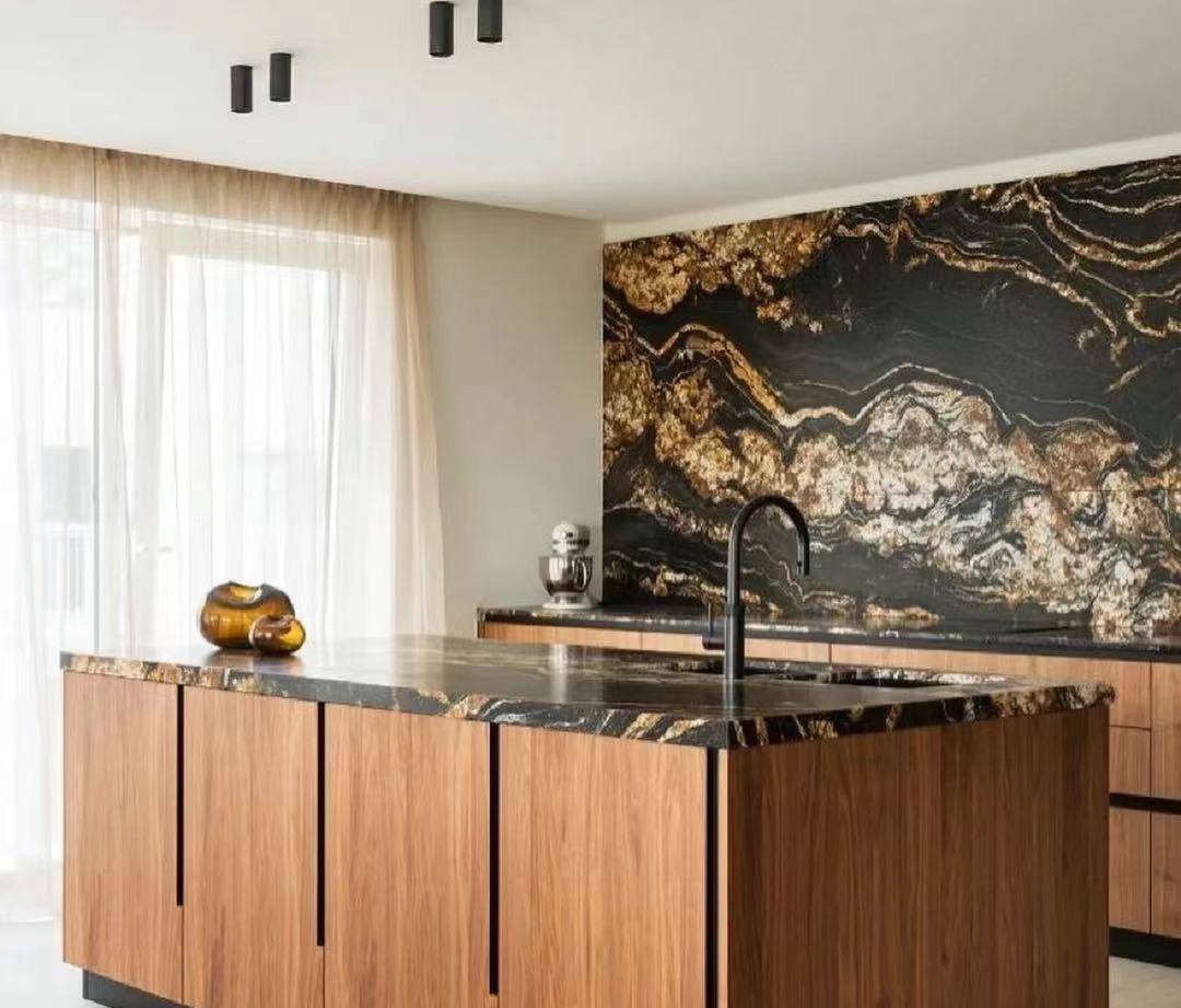 magma gold granite with white cabinets
