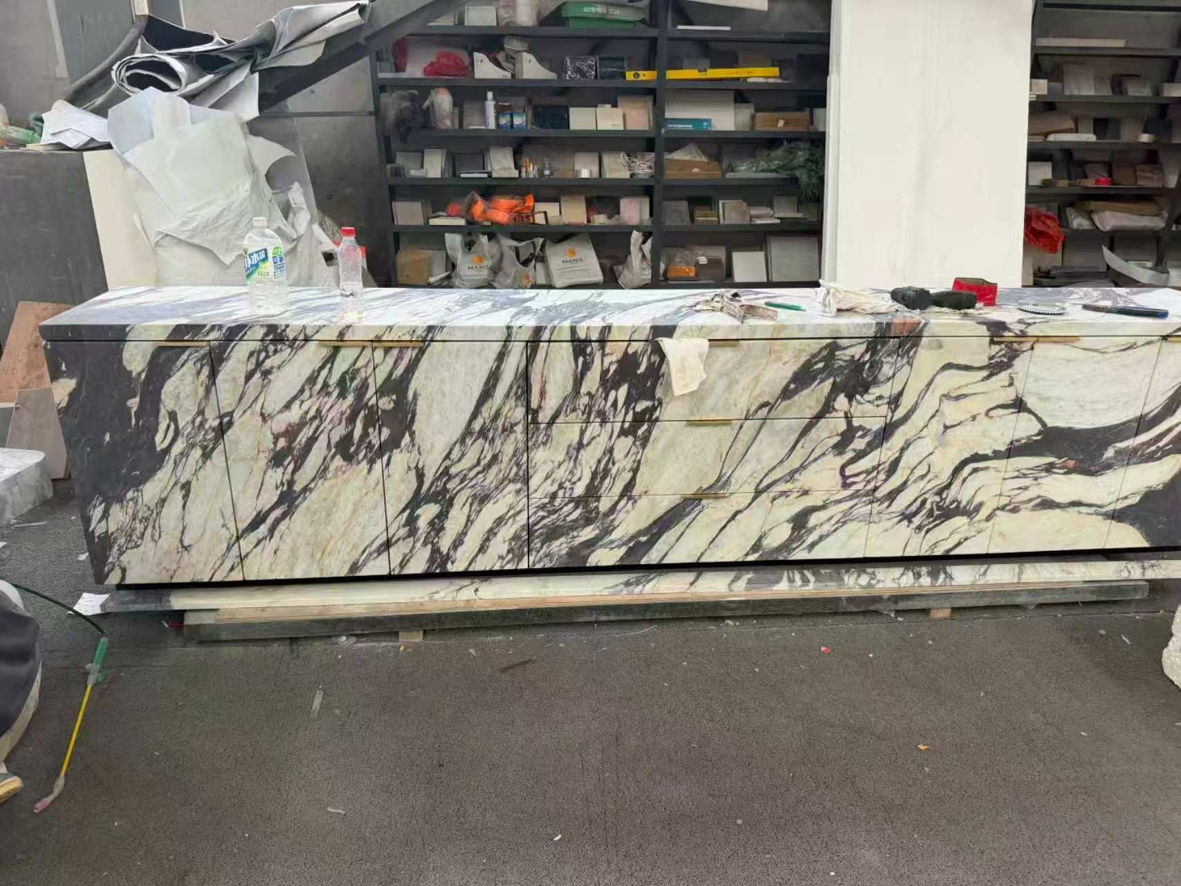 marble TV stand with metal legs