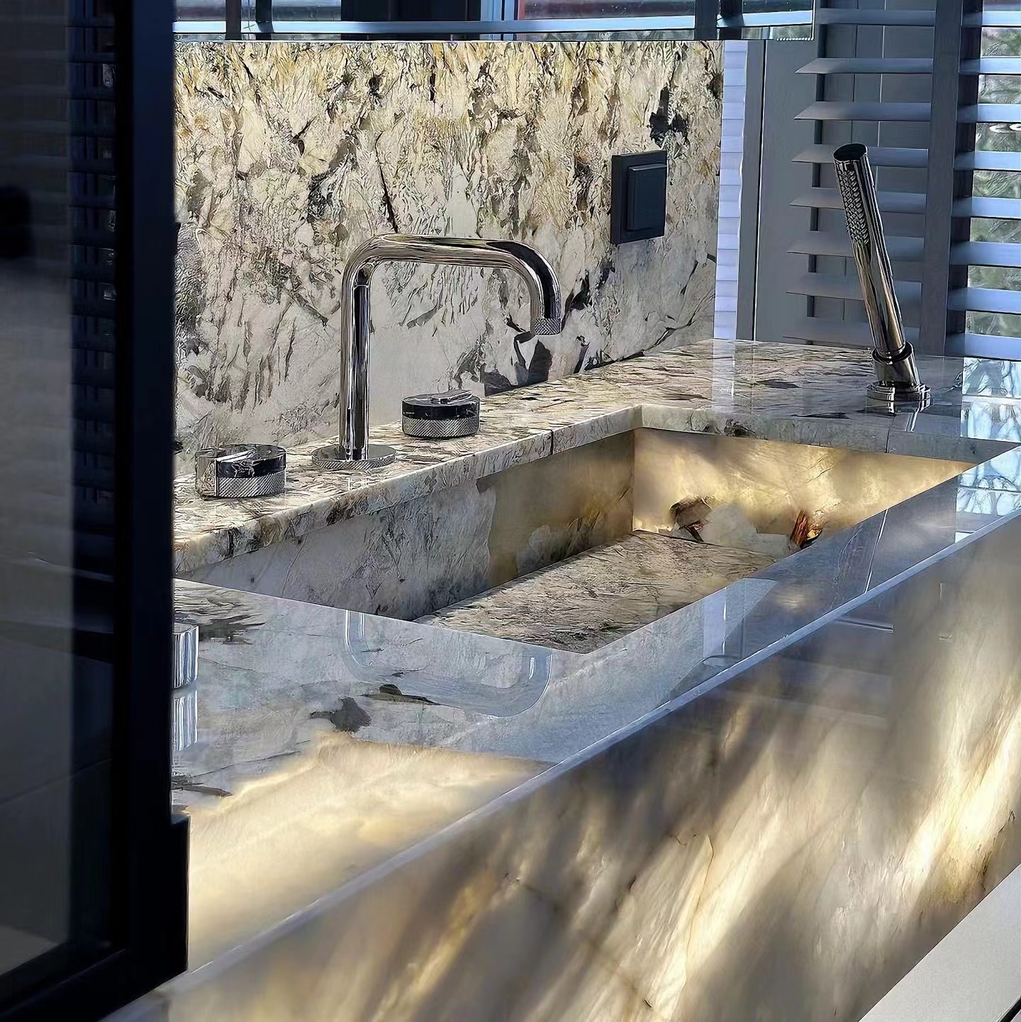 patagonia quartzite backlit vanity top intergrated with sinks