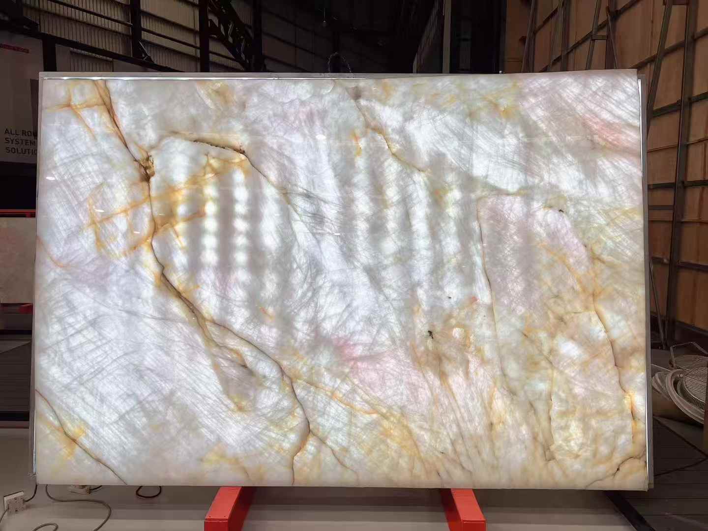pink cristallo quartzite backlit slabs