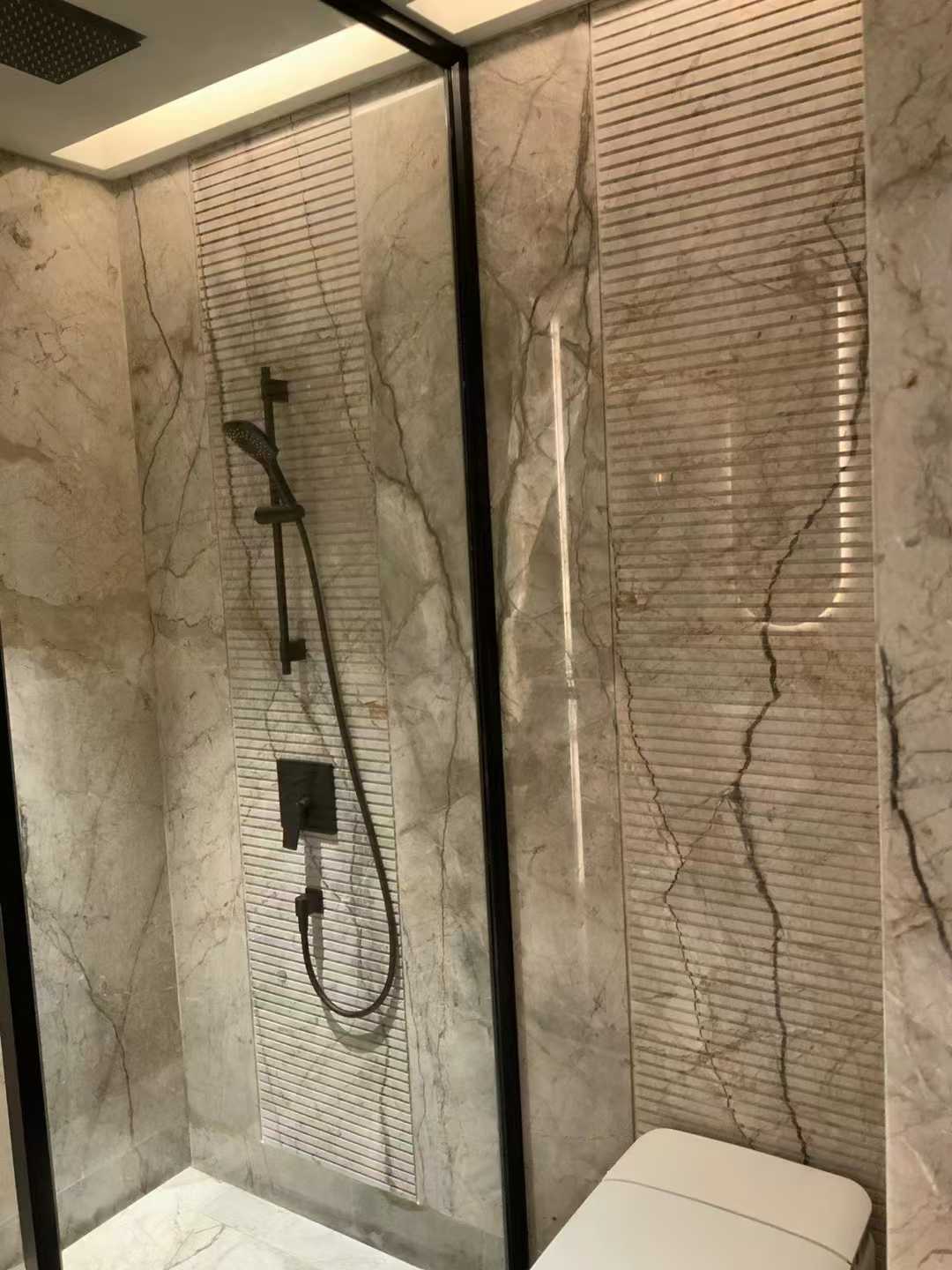 silver roots marble showeroom walls