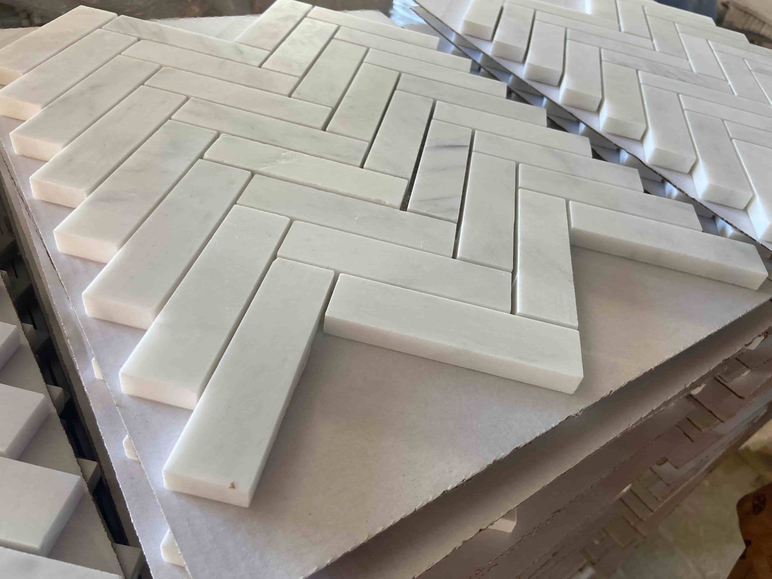 White Carrara Herringbone Mosaic Tiles