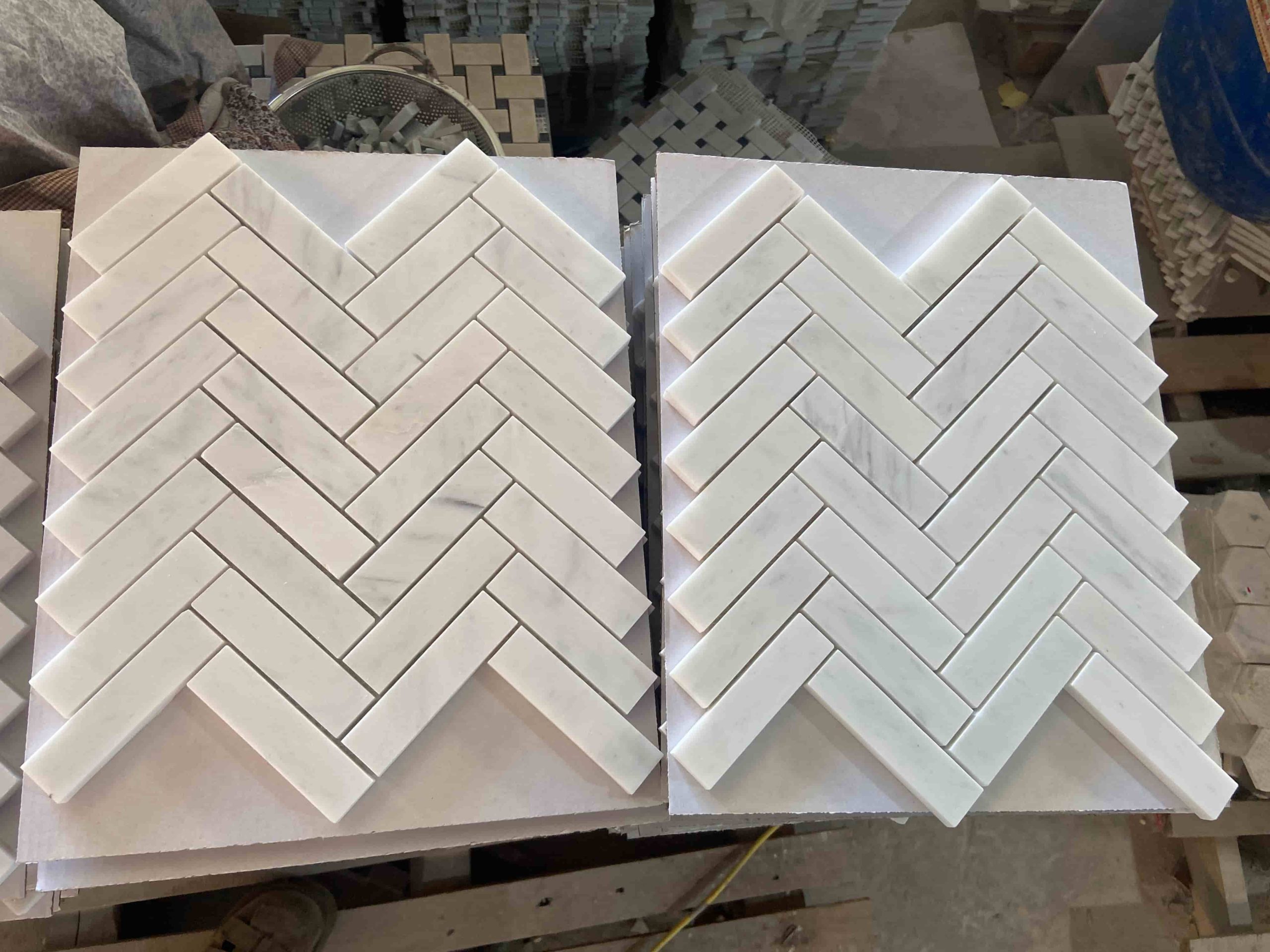 White Carrara Herringbone Mosaic Tiles