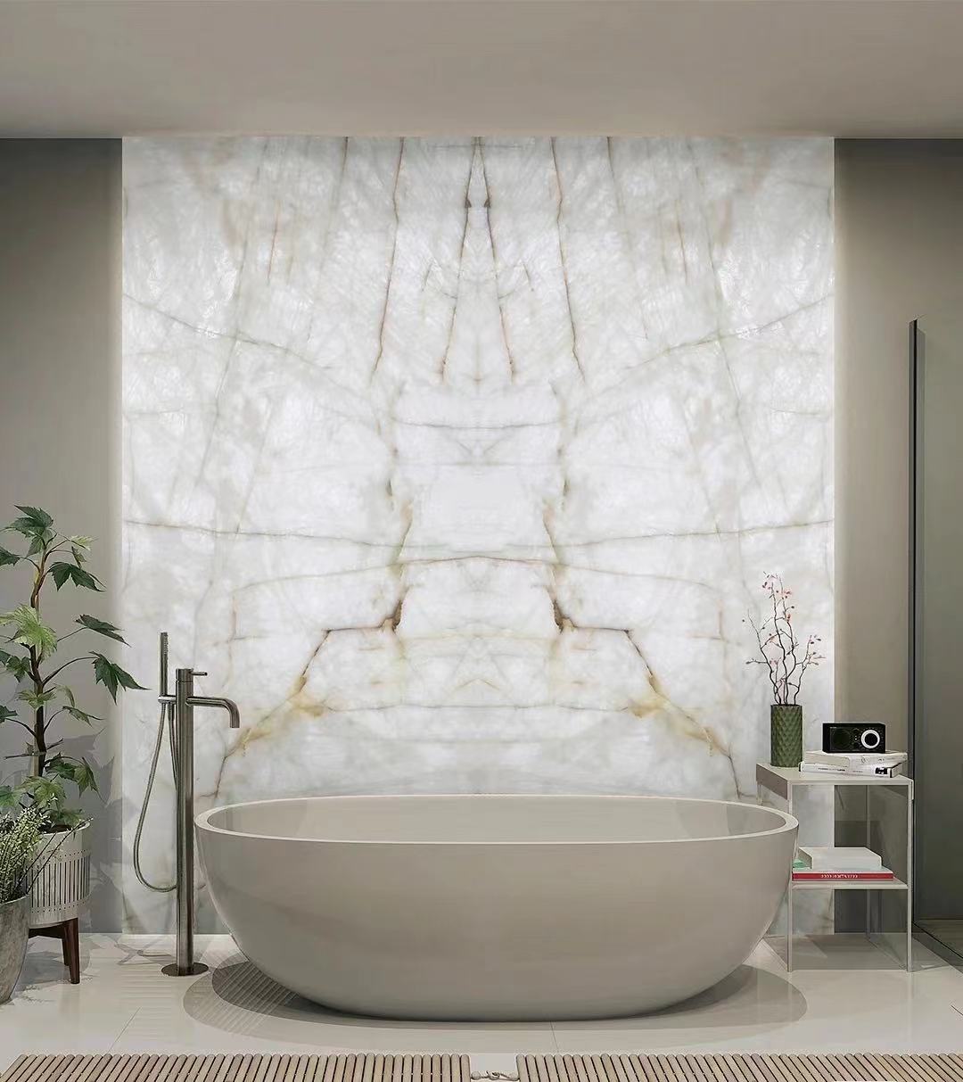 white onyx shower wall backlit